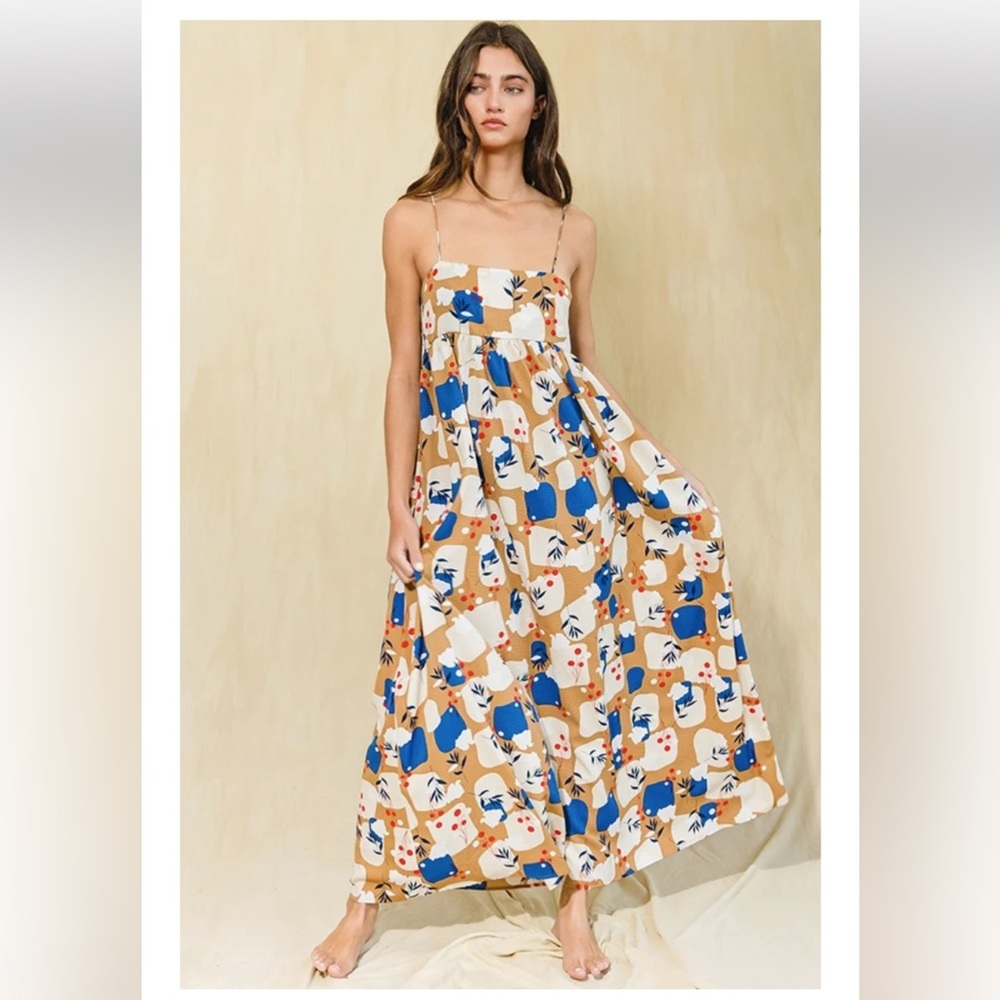 Bucket list women’s gold blue white tie back long summer maxi dress Sz: M